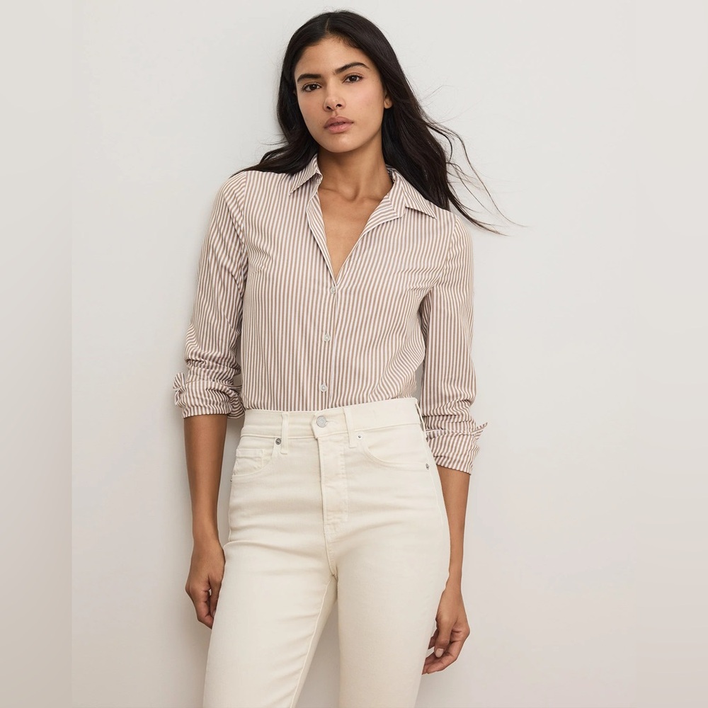 Veronica Beard Amelia Striped Button-Down Shirt in Acorn White Size 14